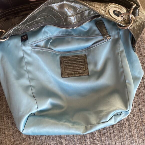 Coach Women’s Patent Leather Gray Stitched Monogram Top Zip Shoulder Handbag - Picture 14 of 16